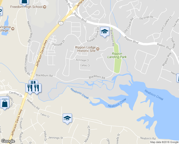 map of restaurants, bars, coffee shops, grocery stores, and more near 15694 William Bayliss Court in Woodbridge