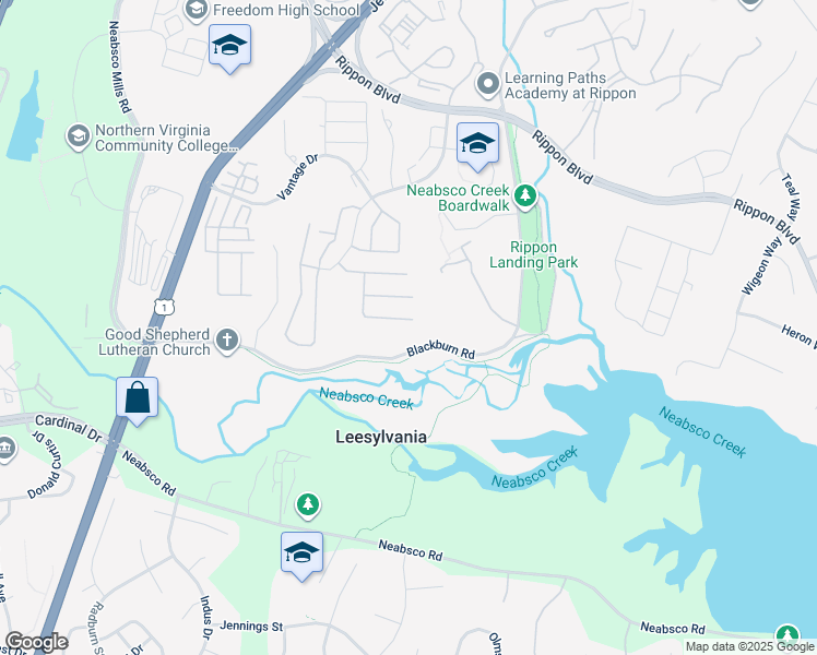 map of restaurants, bars, coffee shops, grocery stores, and more near 15694 William Bayliss Court in Woodbridge