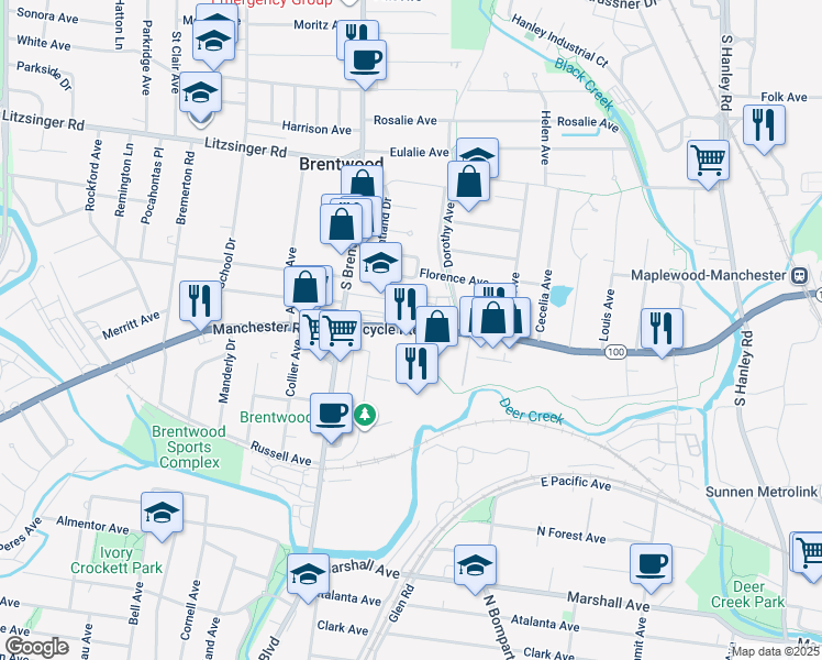 map of restaurants, bars, coffee shops, grocery stores, and more near 14200 Manchester Road in Ballwin