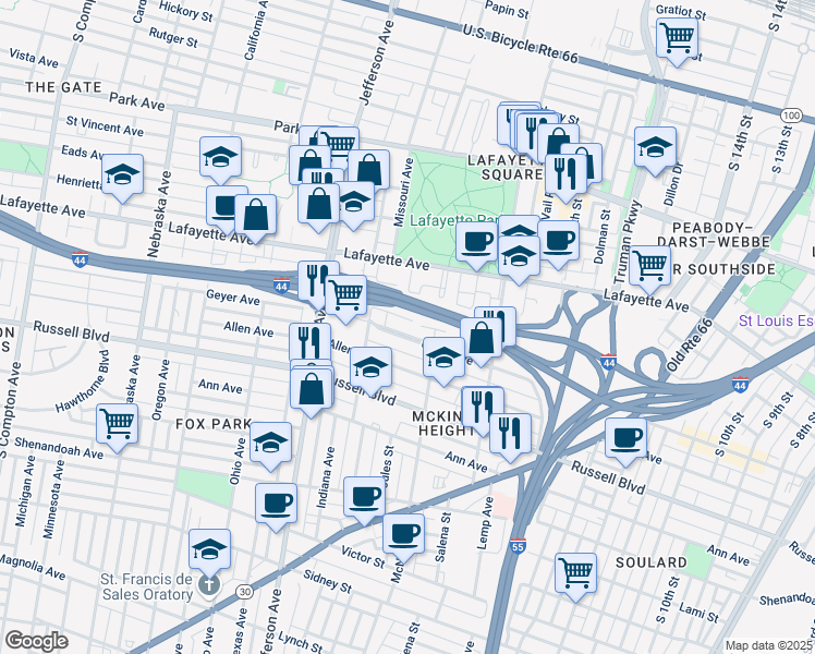 map of restaurants, bars, coffee shops, grocery stores, and more near 1751 Waverly Place in St. Louis