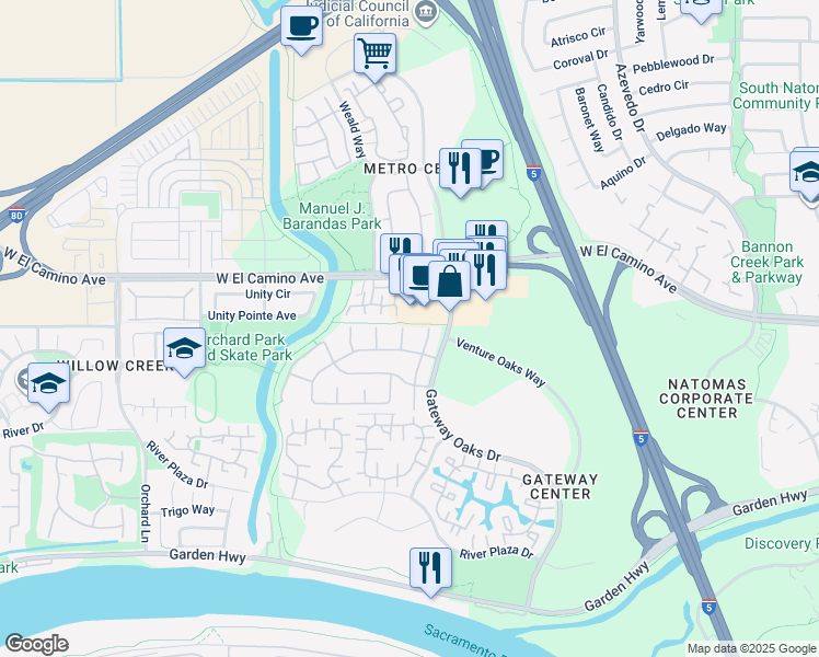 map of restaurants, bars, coffee shops, grocery stores, and more near 2550 West El Camino Avenue in Sacramento