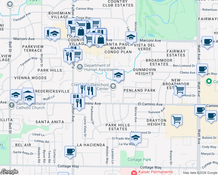 map of restaurants, bars, coffee shops, grocery stores, and more near 2842 Elvyra Way in Sacramento