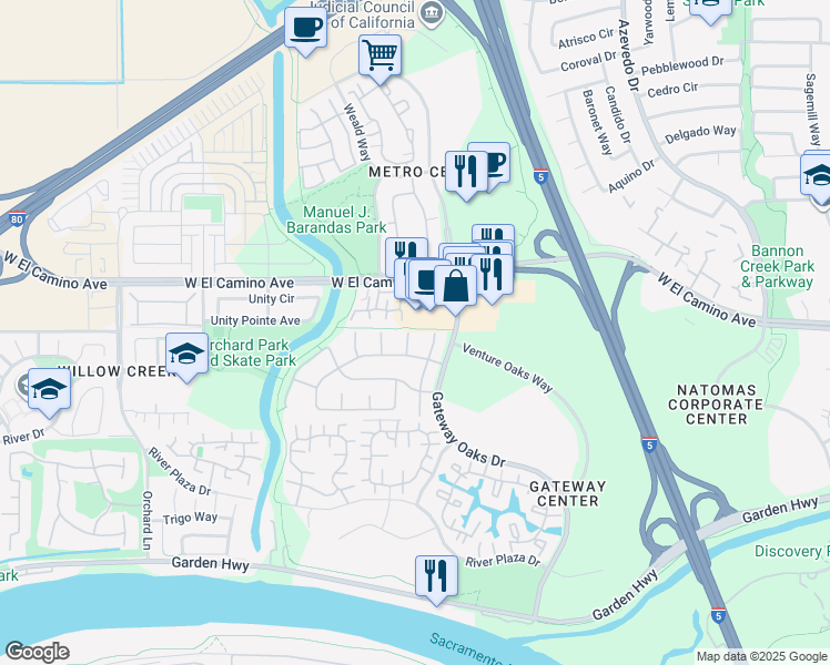 map of restaurants, bars, coffee shops, grocery stores, and more near 2550 West El Camino Avenue in Sacramento