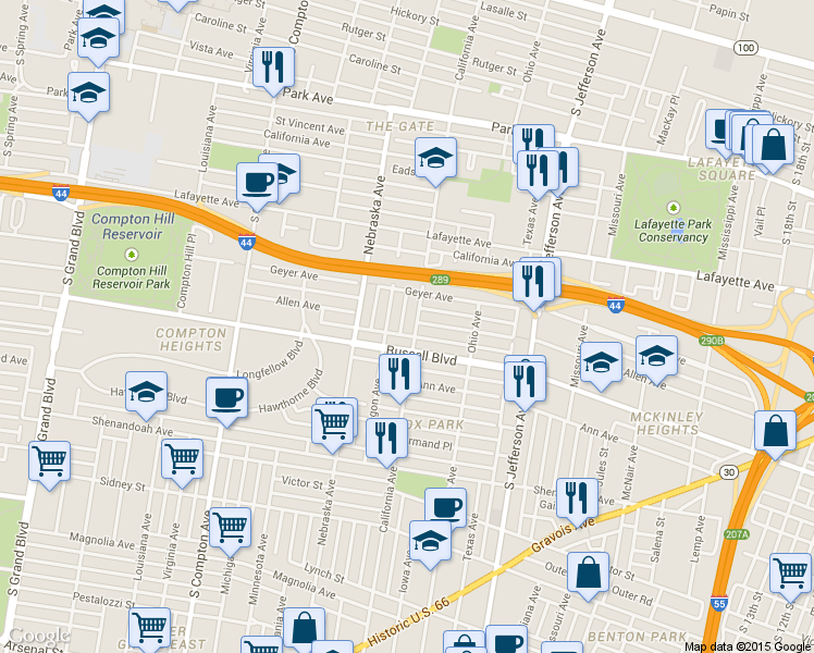 map of restaurants, bars, coffee shops, grocery stores, and more near 1921 California Avenue in St. Louis
