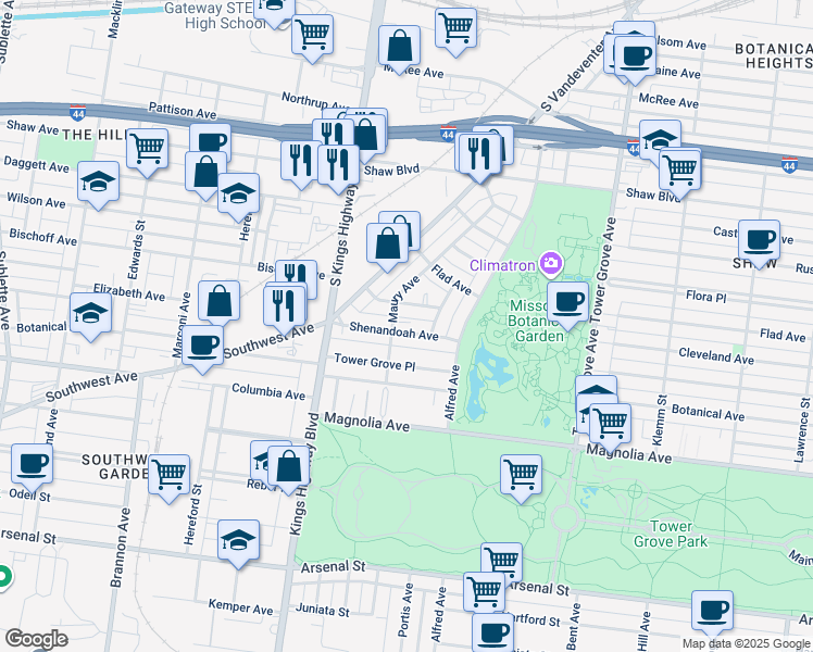 map of restaurants, bars, coffee shops, grocery stores, and more near 4514 Cleveland Avenue in St. Louis