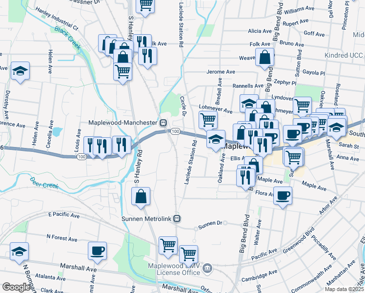 map of restaurants, bars, coffee shops, grocery stores, and more near 7844 Manchester Road in Maplewood