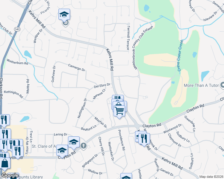 map of restaurants, bars, coffee shops, grocery stores, and more near 1052 Kehrs Mill Road in Ballwin