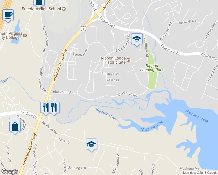 map of restaurants, bars, coffee shops, grocery stores, and more near 15658 William Bayliss Court in Woodbridge