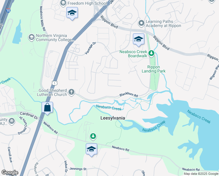map of restaurants, bars, coffee shops, grocery stores, and more near 15654 William Bayliss Court in Woodbridge