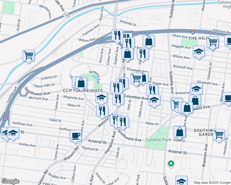 map of restaurants, bars, coffee shops, grocery stores, and more near 2515 Hampton Avenue in St. Louis
