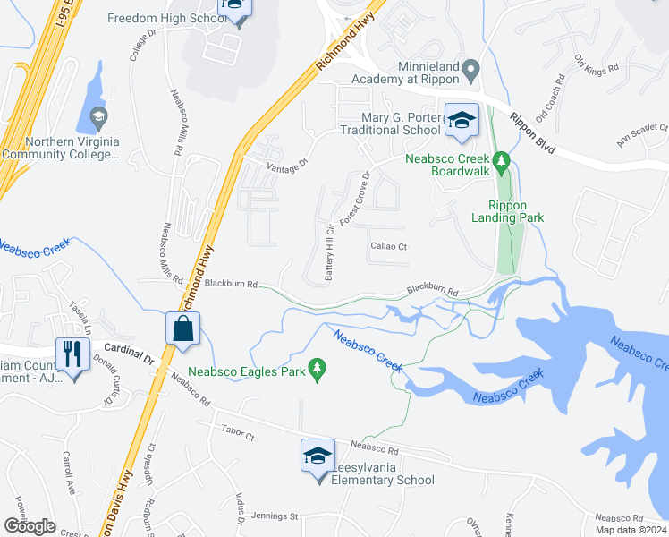 map of restaurants, bars, coffee shops, grocery stores, and more near 2432 Battery Hill Circle in Woodbridge