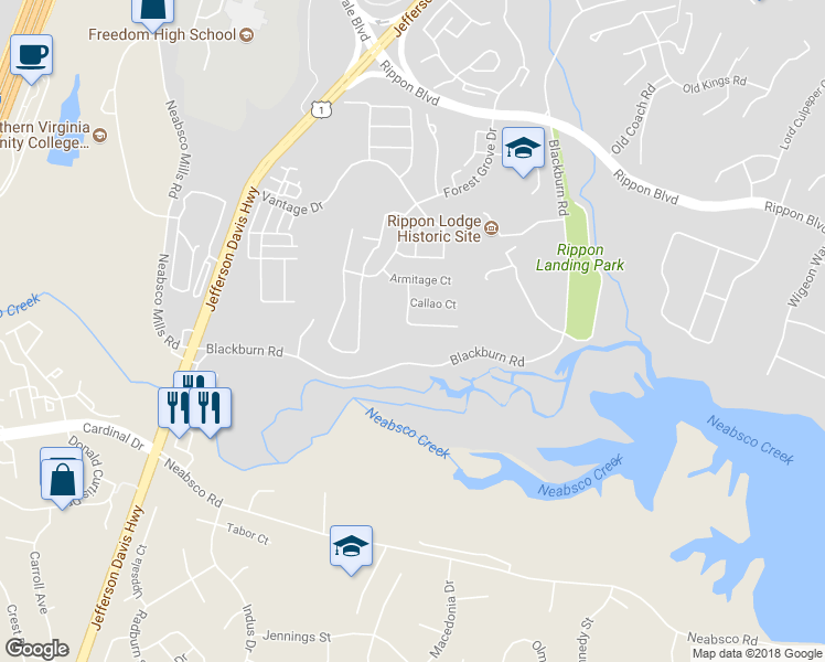 map of restaurants, bars, coffee shops, grocery stores, and more near 15654 William Bayliss Court in Woodbridge