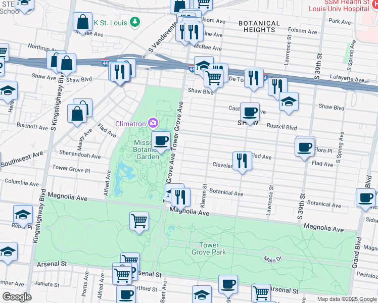 map of restaurants, bars, coffee shops, grocery stores, and more near 4246 Flad Avenue in St. Louis