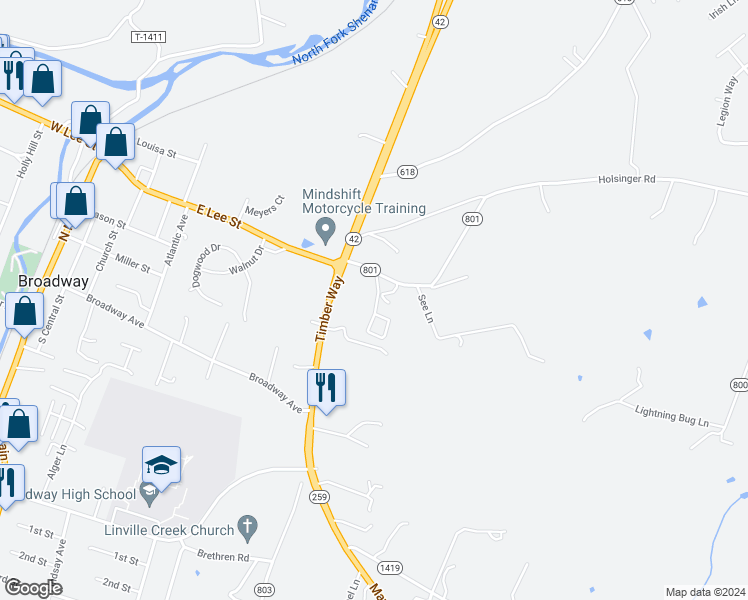 map of restaurants, bars, coffee shops, grocery stores, and more near 268 Telluride Drive in Broadway