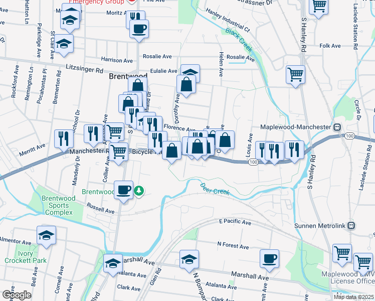 map of restaurants, bars, coffee shops, grocery stores, and more near 2646 Ruth Avenue in Brentwood