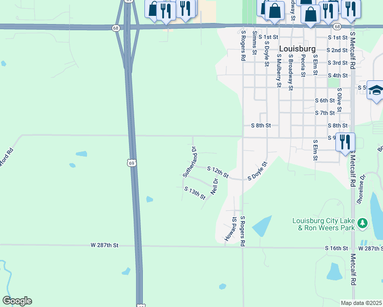 map of restaurants, bars, coffee shops, grocery stores, and more near 1130 11th Street in Louisburg