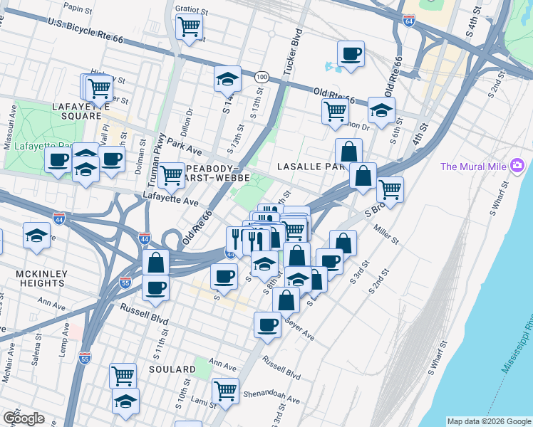 map of restaurants, bars, coffee shops, grocery stores, and more near 1500 Menard Street in St. Louis