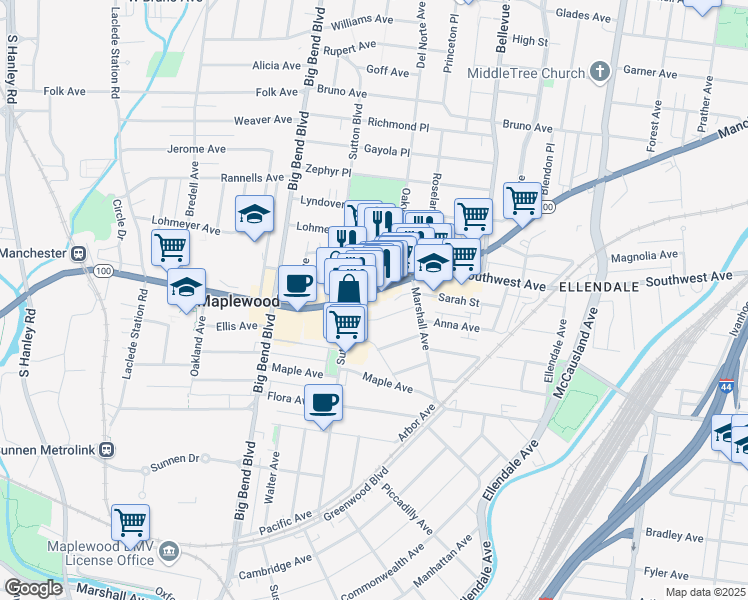 map of restaurants, bars, coffee shops, grocery stores, and more near 7320 Missouri 100 in Maplewood