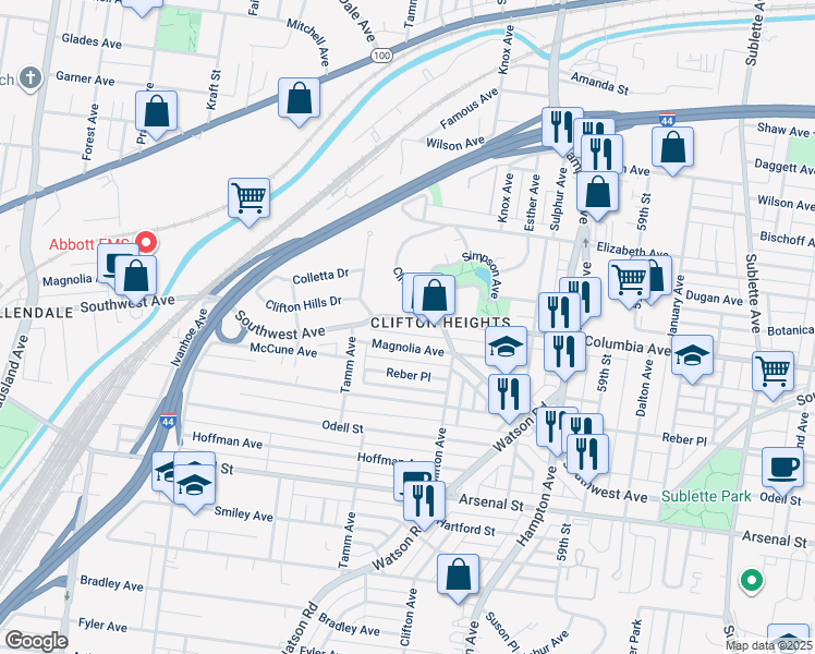map of restaurants, bars, coffee shops, grocery stores, and more near 6230 Columbia Avenue in St. Louis