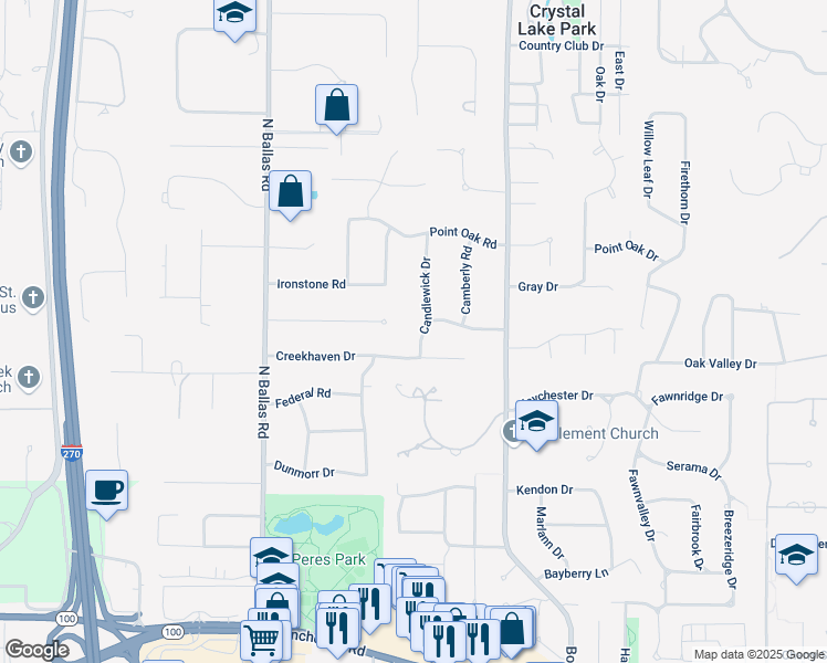 map of restaurants, bars, coffee shops, grocery stores, and more near 1837 Candlewick Drive in Des Peres