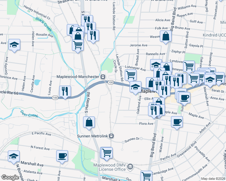 map of restaurants, bars, coffee shops, grocery stores, and more near 7844 Manchester Road in Maplewood