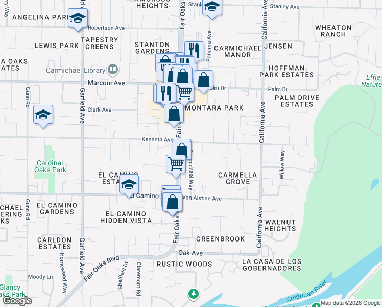 map of restaurants, bars, coffee shops, grocery stores, and more near 2650 Carmichael Way in Carmichael