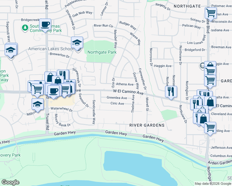 map of restaurants, bars, coffee shops, grocery stores, and more near 1155 West El Camino Avenue in Sacramento