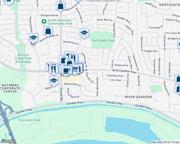 map of restaurants, bars, coffee shops, grocery stores, and more near 2614 Stonecreek Drive in Sacramento