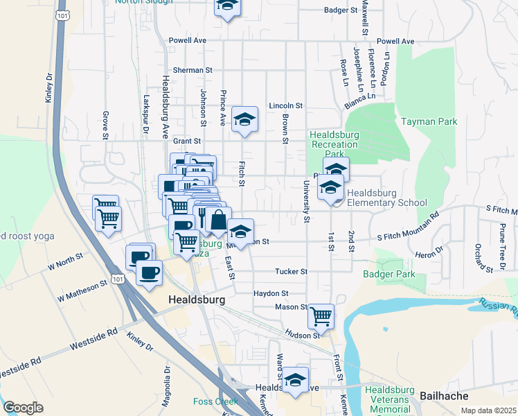 map of restaurants, bars, coffee shops, grocery stores, and more near 350 Piper Street in Healdsburg