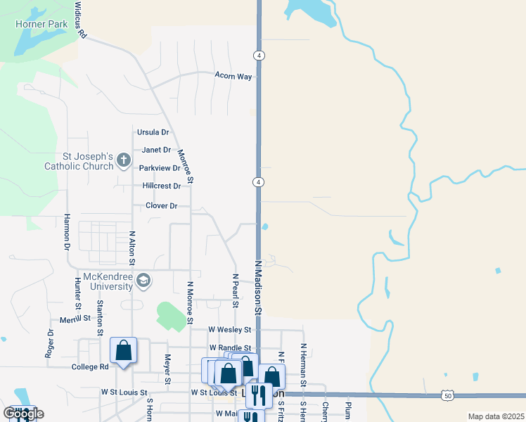 map of restaurants, bars, coffee shops, grocery stores, and more near 724 North Madison Street in Lebanon