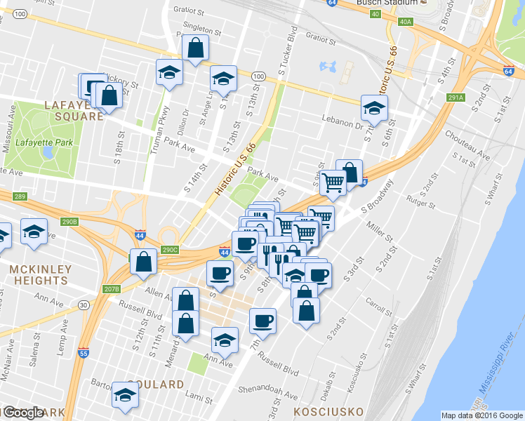 map of restaurants, bars, coffee shops, grocery stores, and more near 1500 Menard Street in St. Louis