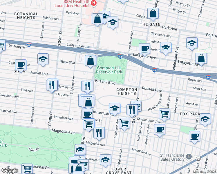 map of restaurants, bars, coffee shops, grocery stores, and more near 3438 Russell Boulevard in St. Louis