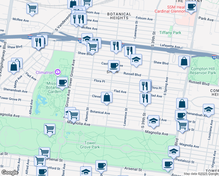 map of restaurants, bars, coffee shops, grocery stores, and more near 4122 Flora Place in St. Louis