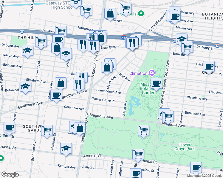 map of restaurants, bars, coffee shops, grocery stores, and more near 4514 Cleveland Avenue in St. Louis