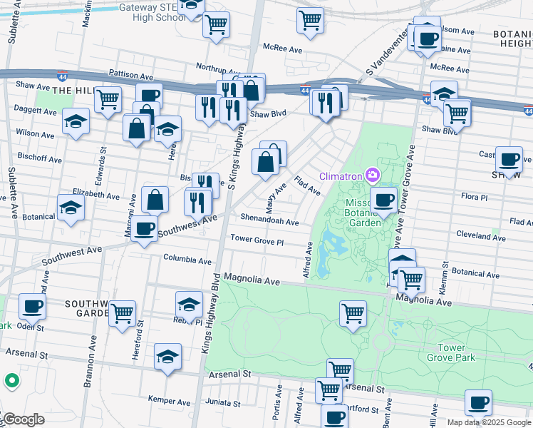 map of restaurants, bars, coffee shops, grocery stores, and more near 4608 Cleveland Avenue in St. Louis