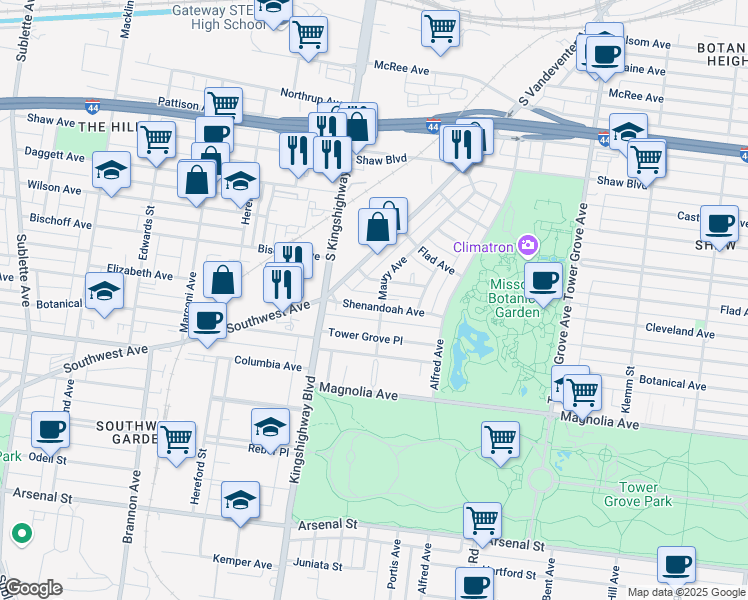 map of restaurants, bars, coffee shops, grocery stores, and more near 4608 Cleveland Avenue in St. Louis