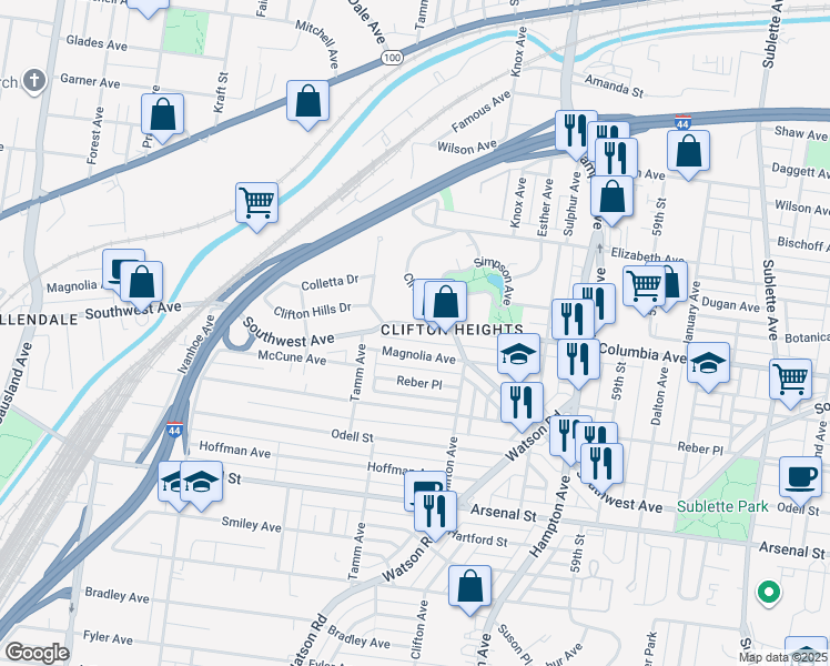 map of restaurants, bars, coffee shops, grocery stores, and more near 6219 Columbia Avenue in St. Louis
