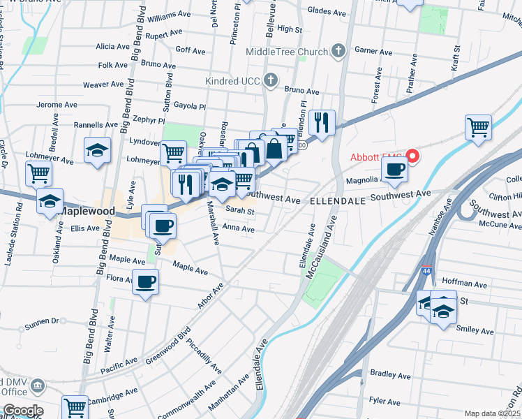 map of restaurants, bars, coffee shops, grocery stores, and more near 7210 Southwest Avenue in Maplewood