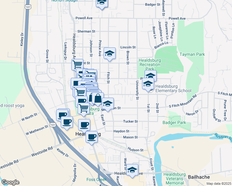 map of restaurants, bars, coffee shops, grocery stores, and more near 350 Piper Street in Healdsburg