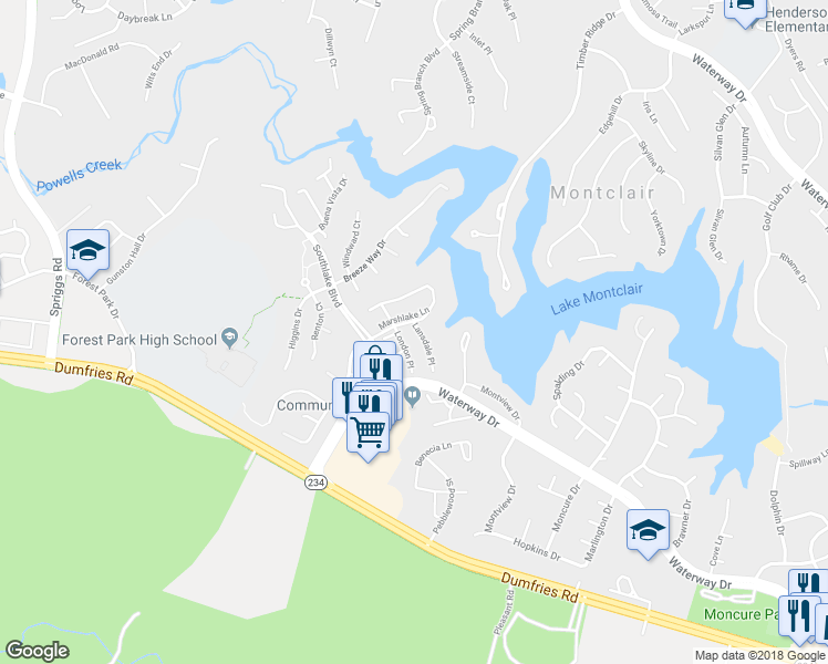 map of restaurants, bars, coffee shops, grocery stores, and more near 15706 Lansdale Place in Dumfries