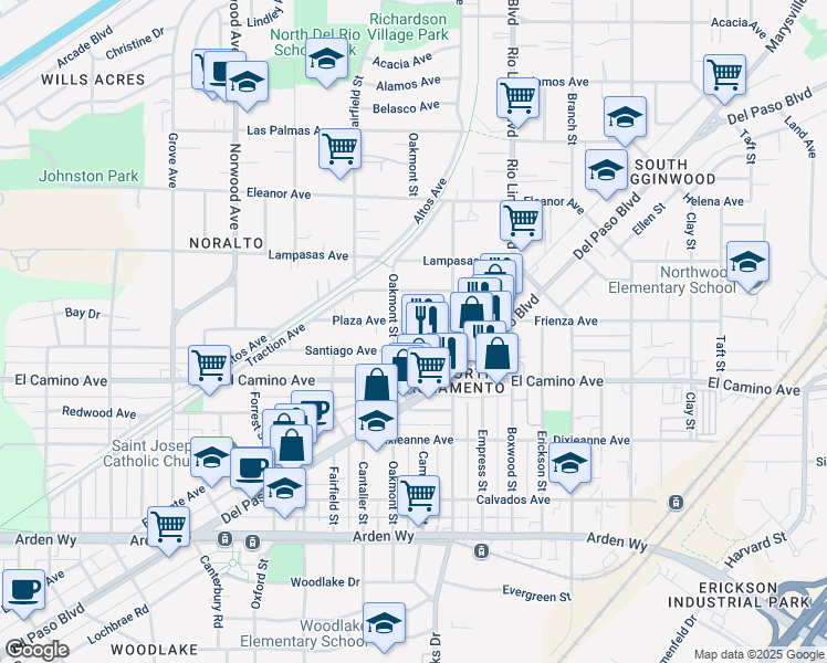 map of restaurants, bars, coffee shops, grocery stores, and more near 704 Plaza Avenue in Sacramento