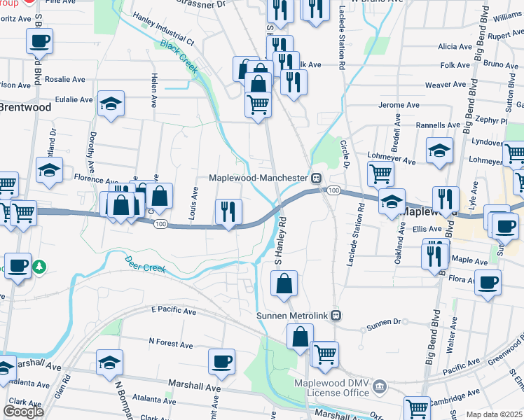 map of restaurants, bars, coffee shops, grocery stores, and more near 7975 Manchester Road in Maplewood