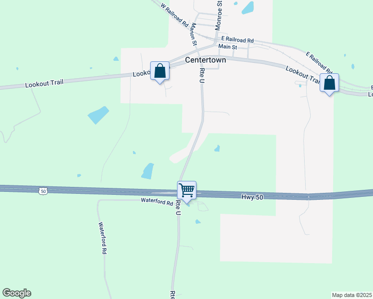 map of restaurants, bars, coffee shops, grocery stores, and more near 250 Route U in Centertown