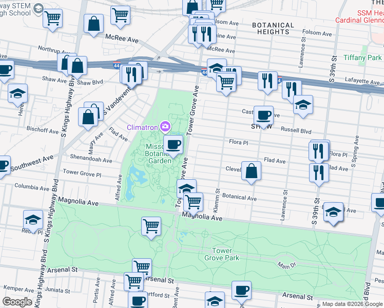 map of restaurants, bars, coffee shops, grocery stores, and more near 4261 Flad Avenue in St. Louis