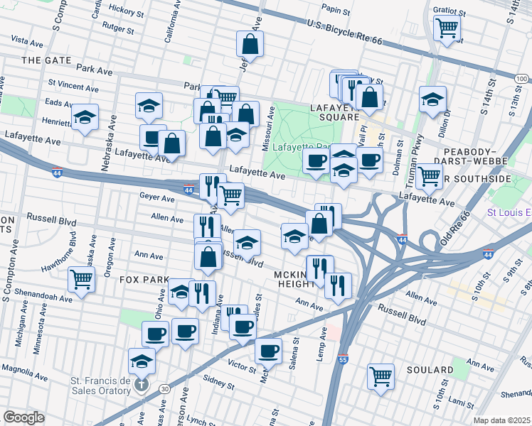 map of restaurants, bars, coffee shops, grocery stores, and more near 1852 Missouri Avenue in St. Louis