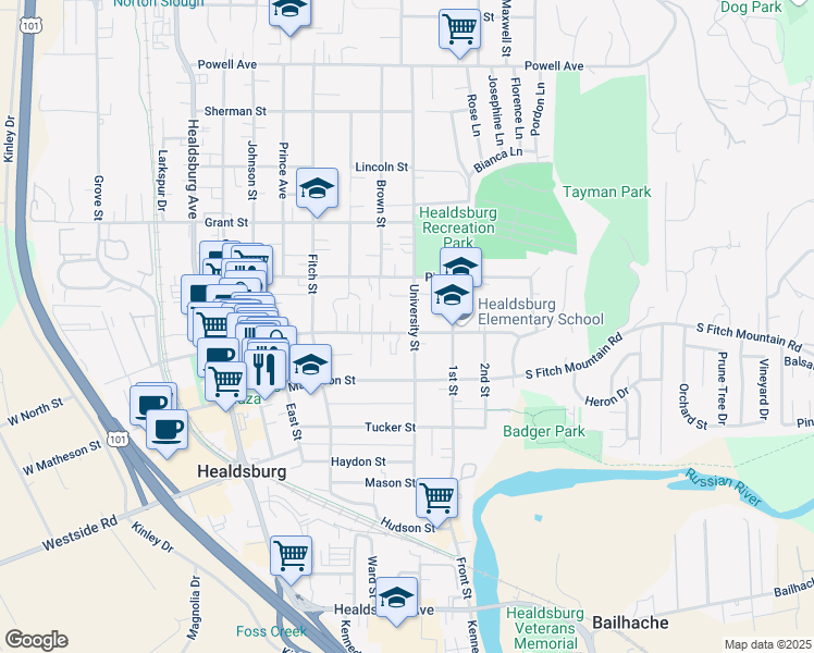 map of restaurants, bars, coffee shops, grocery stores, and more near 411 University Street in Healdsburg