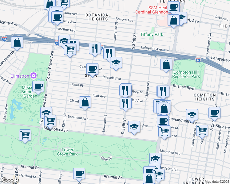 map of restaurants, bars, coffee shops, grocery stores, and more near 3948 Flora Place in St. Louis