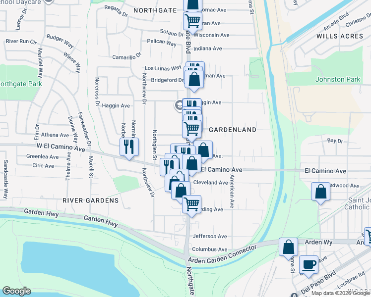 map of restaurants, bars, coffee shops, grocery stores, and more near 605 Norcut Court in Sacramento