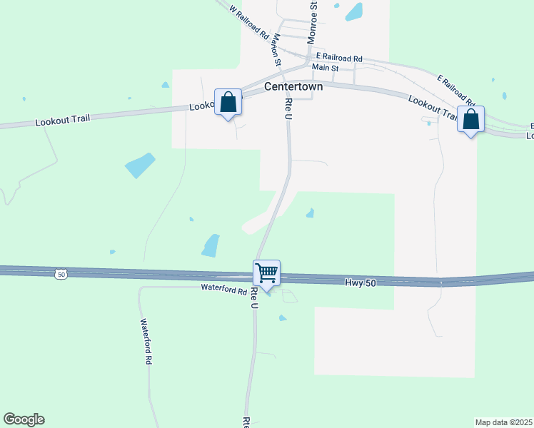 map of restaurants, bars, coffee shops, grocery stores, and more near 250 Route U in Centertown