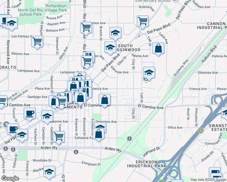 map of restaurants, bars, coffee shops, grocery stores, and more near 1101 Frienza Avenue in Sacramento